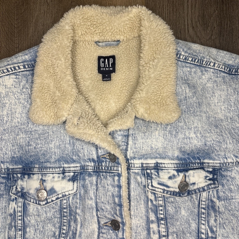 Gap Denim Jacket Women's Medium Blue Acid Wash Jean Sherpa Lined Trucker Retro - Picture 4 of 12